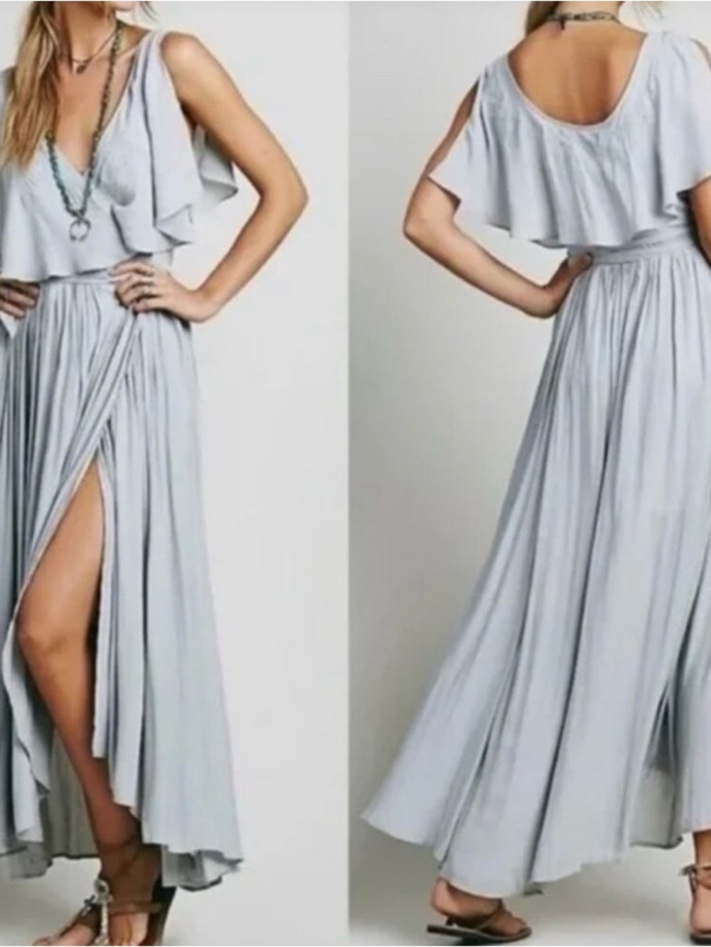 Free People FIONA Light Gray Ruffle Maxi Dress with Side Slit